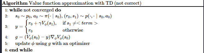 Value function approximation with TD (wrong)