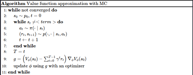 Value function approximation with MC